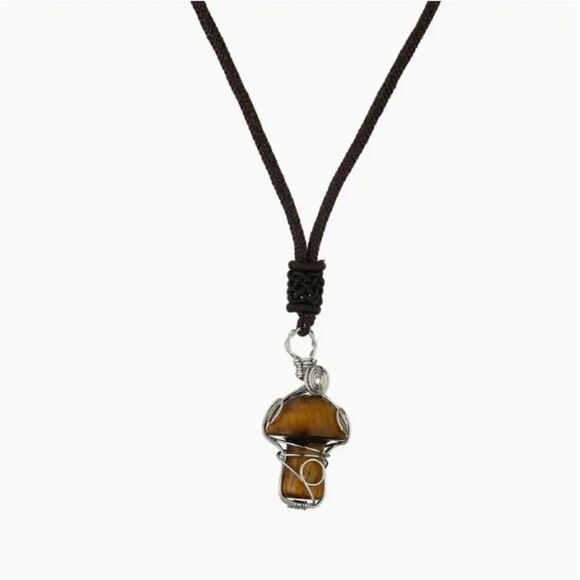 NEW! Trendy Tiger Eye Caged Mushroom Corded Necklace 90s Hippie Gypsy Vibe Cat - Picture 1 of 1